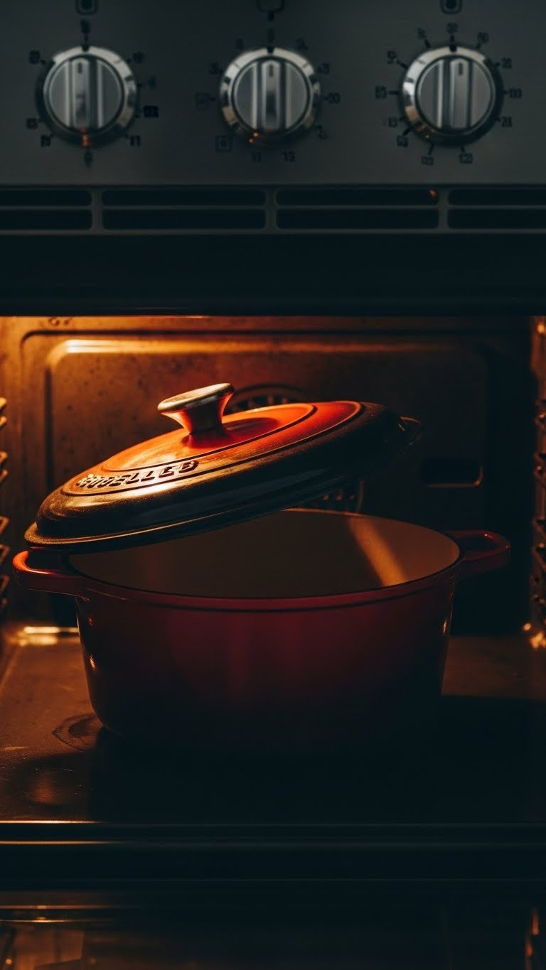 Rustic Dutch Oven With Lid Ajar Inside Warm Oven Showcasing Slow Cooking Beef Stew Process