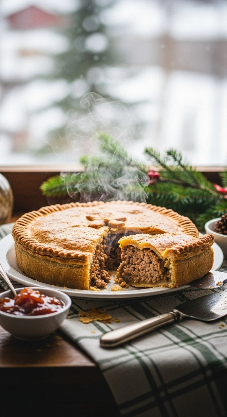 Rustic French-Canadian Tourtière, Golden-Brown Meat Pie With A Slice Cut, Revealing Savory Filling And Steam. Cozy Winter Dish.