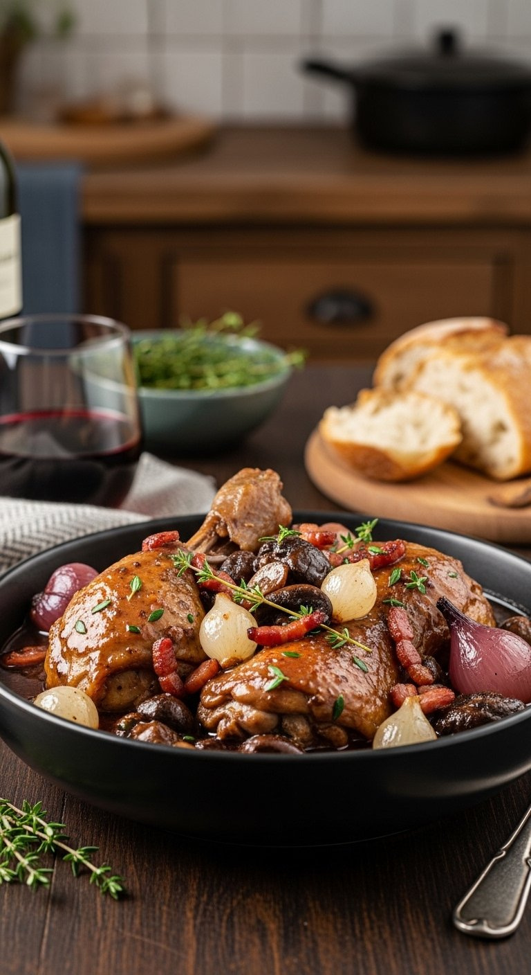 Rustic French Coq Au Vin Showcasing Tender Chicken Pieces Braised In Dark Red Wine Sauce With Pearl Onions And Mushrooms.