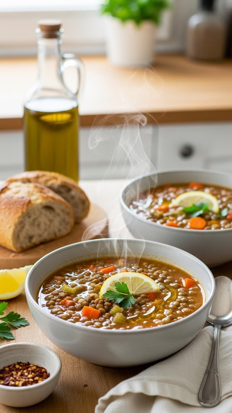 Rustic Instant Pot Mediterranean Lentil Soup In A Bowl, Garnished With Olive Oil, Parsley, Lemon, And Fresh Vegetables.