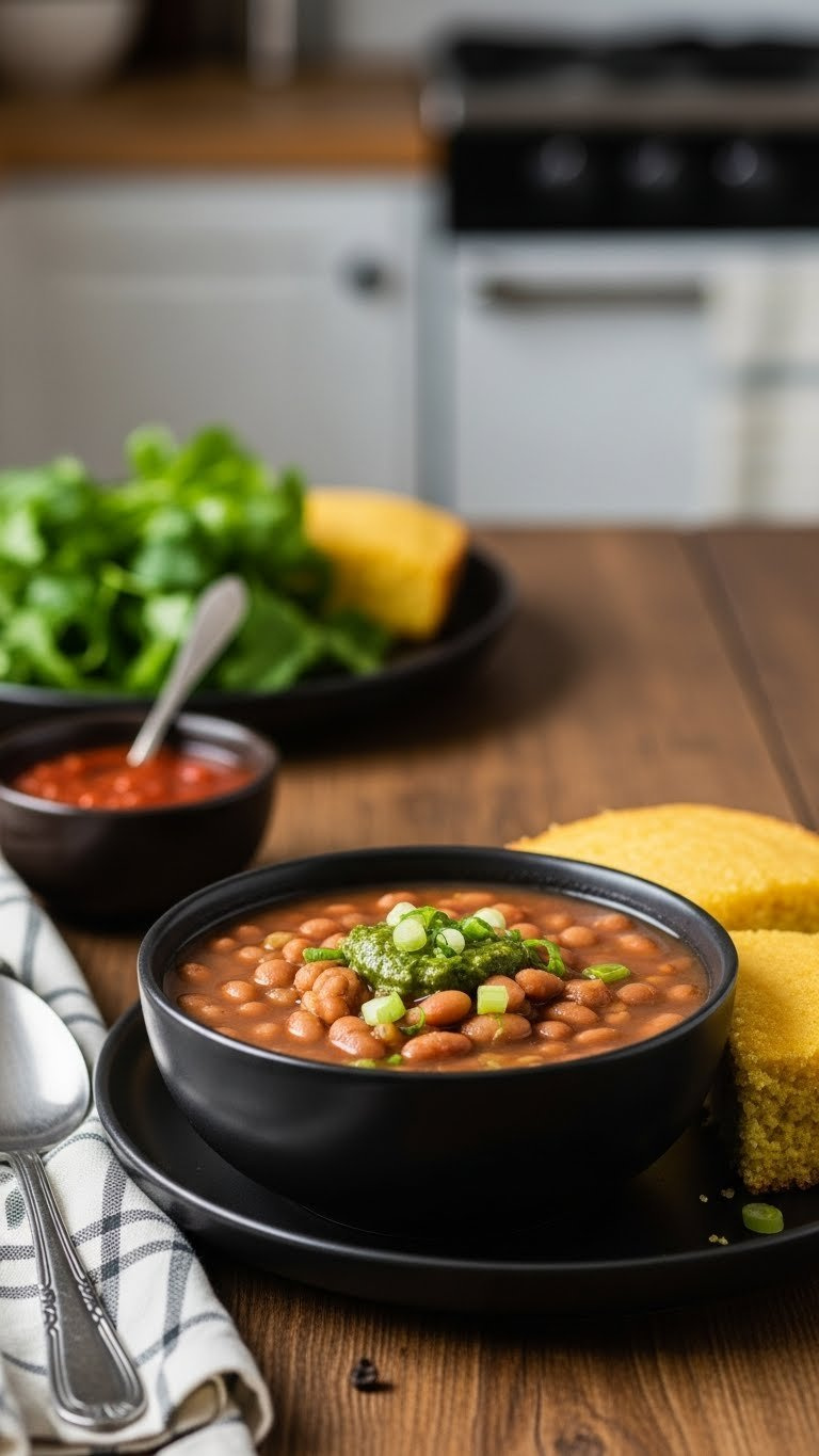 Rustic Instant Pot Pinto Beans With Green Onions And A Golden Cornbread Slice On A Wooden Table With A Spoon And Salsa.