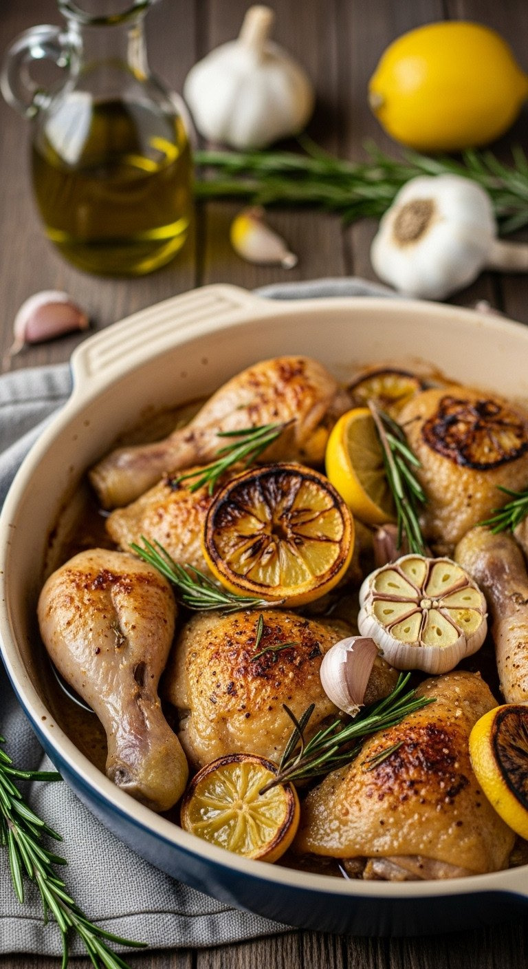 Rustic Italian Bone-In Chicken With Deeply Browned Skin, Baked With Lemon, Fresh Rosemary, And Roasted Garlic Cloves.