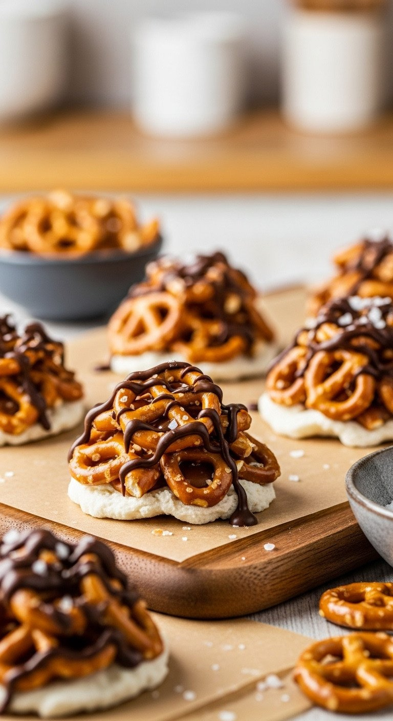 Rustic Salted Caramel Pretzel Clusters With Melted Caramel And Dark Chocolate Drizzle, On Parchment, Sweet And Salty Treat.