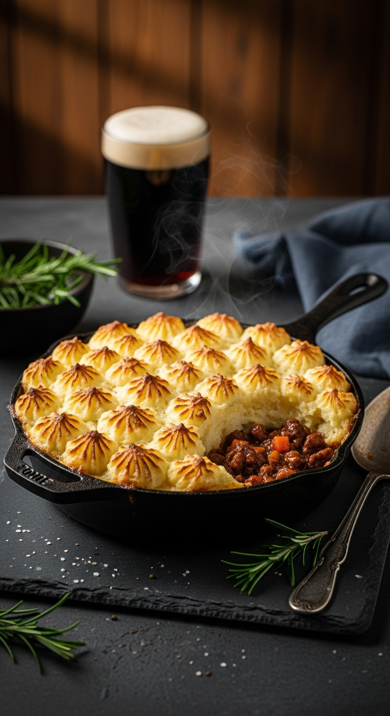 Rustic Shepherd's Pie In Cast Iron Skillet With Golden Brown Mashed Potato Topping And Rich Dark Beef And Vegetable Gravy Bubbling