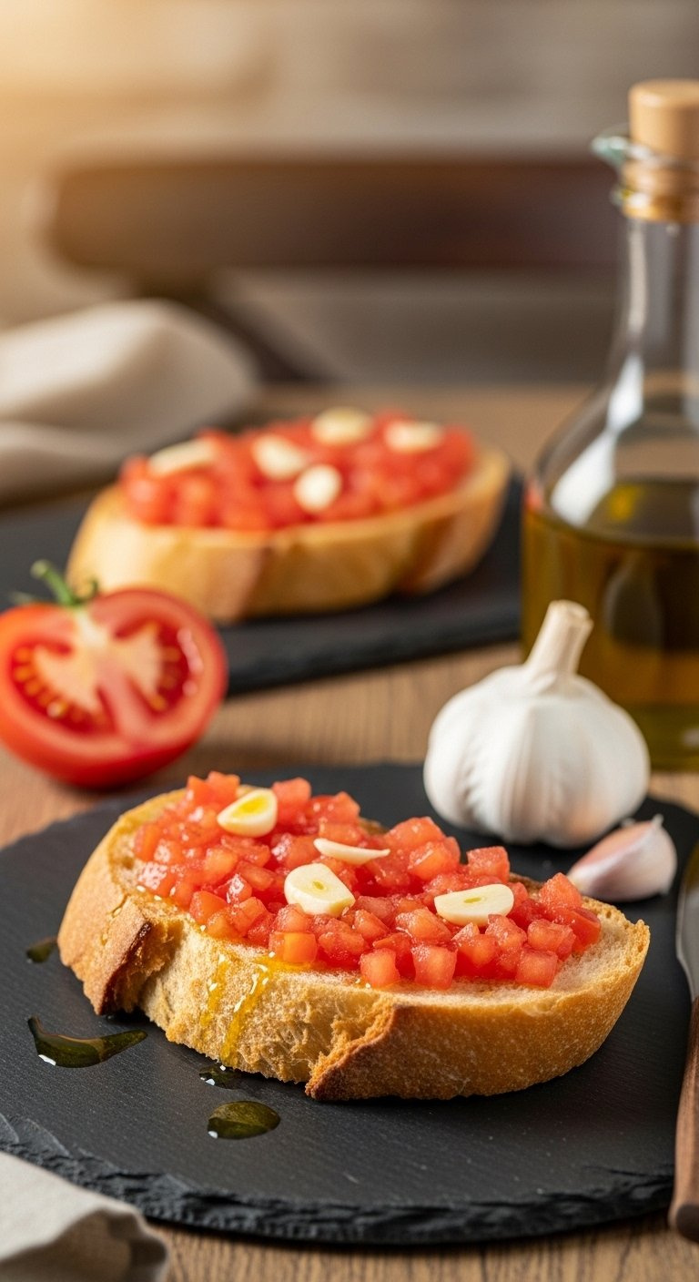 Rustic Spanish Pan Con Tomate Toasted Bread With Fresh Tomato, Garlic, And Olive Oil On A Simple Slate Plate.