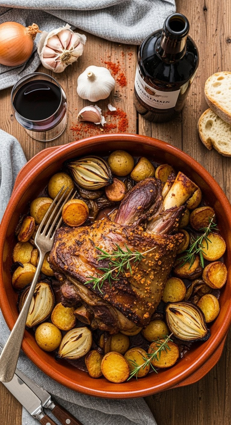 Rustic Spanish Roasted Lamb Shoulder, Golden Crispy Potatoes, Caramelized Onions In Earthenware Dish On Wood Table.