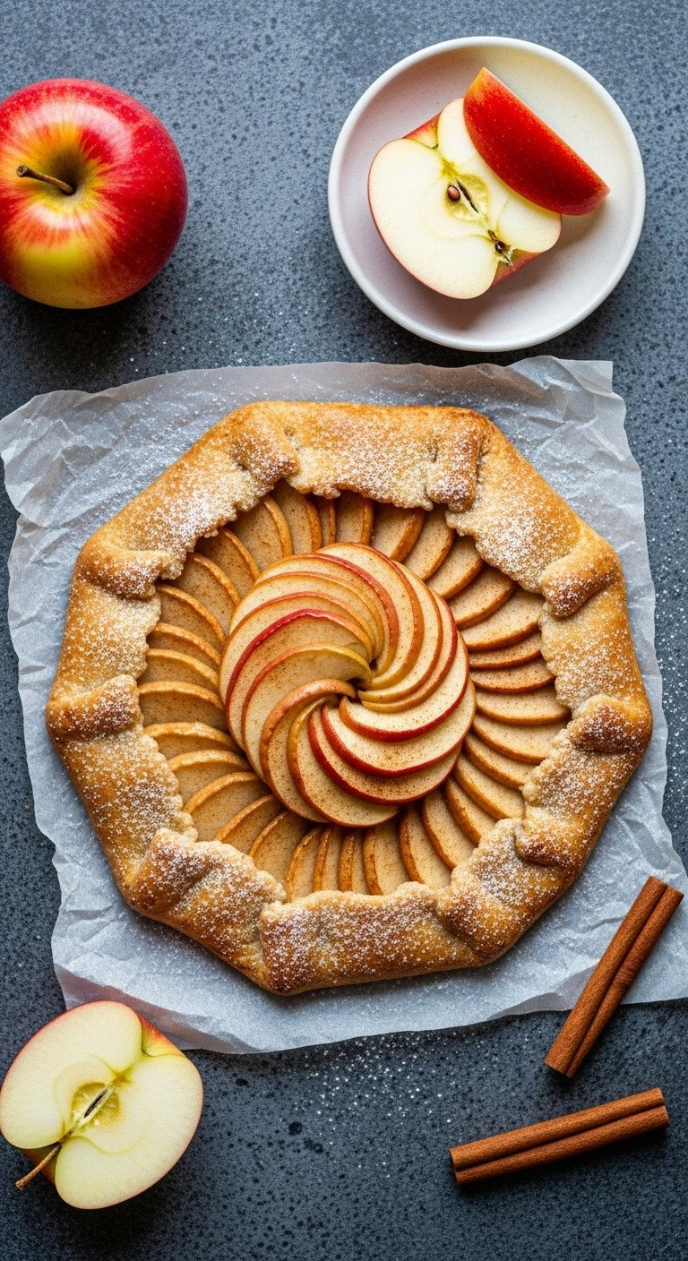 Rustic Apple-Cinnamon Galette: Golden Crust, Caramelized Apples, Powdered Sugar. Delicious Fall Dessert.