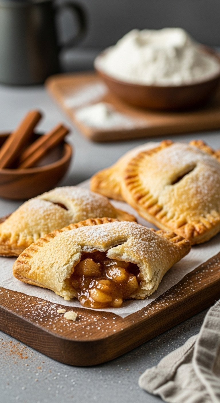Rustic Apple Cinnamon Hand Pies, Golden Brown And Flaky, Dusted With Sugar, Filling Oozing. Warm, Homemade Fall Dessert.