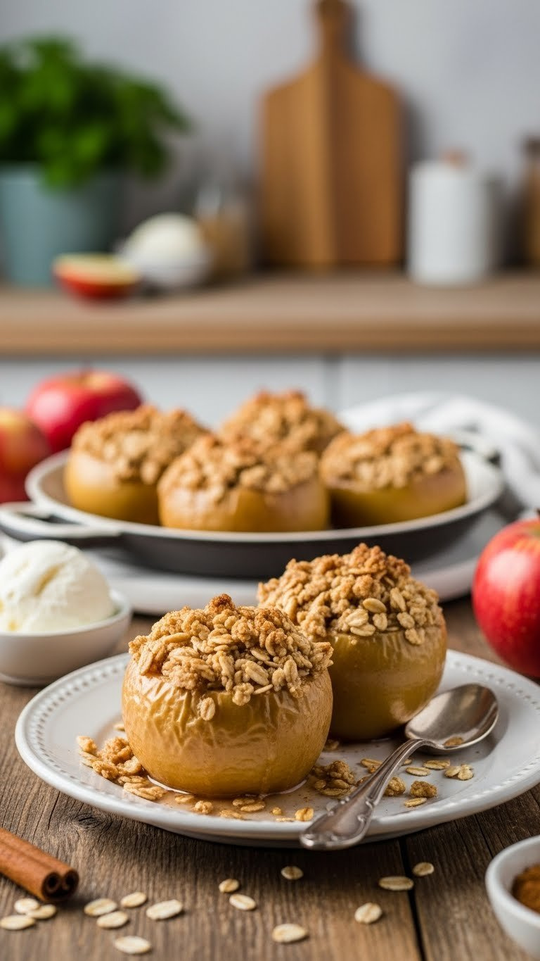 Rustic Apple Crisp Stuffed Apples With Buttery Oat Topping And Warm Spices On Natural Wooden Surface
