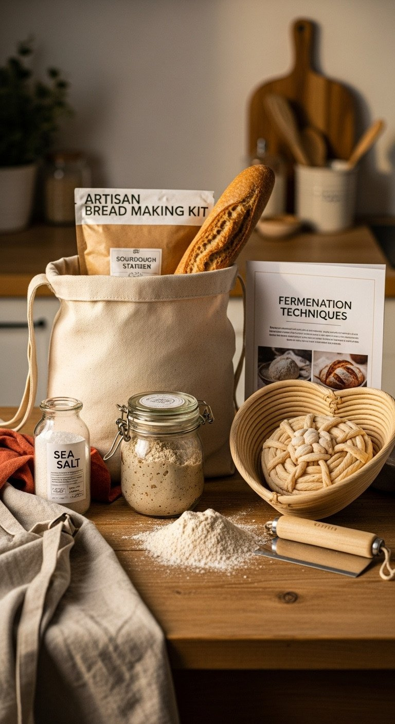 Rustic Artisan Bread Making Kit. Canvas Bag With Sourdough Starter, Specialty Flour, Dough Scraper, Heart Banneton.