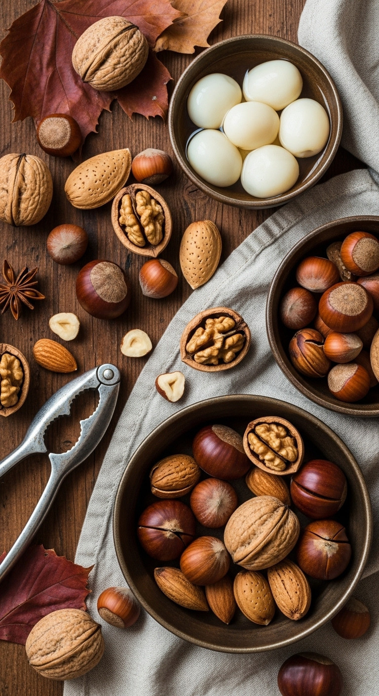 Rustic Assortment Of Boiled And Roasted Nuts In Shells, With Walnuts, Hazelnuts, Chestnuts, On Wood With Autumn Leaves.