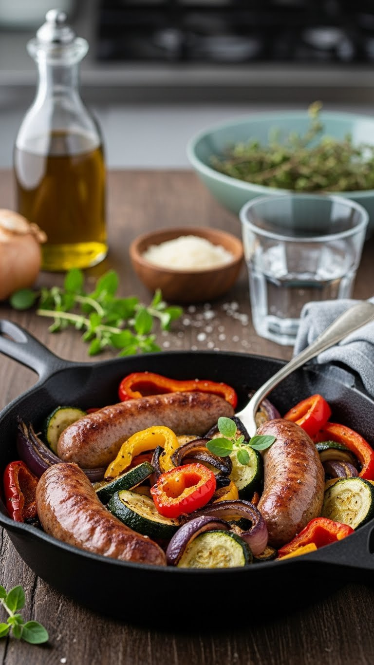 Rustic Baked Italian Sausage And Veggie Skillet With Browned Sausage, Bell Peppers, Zucchini, And Onions