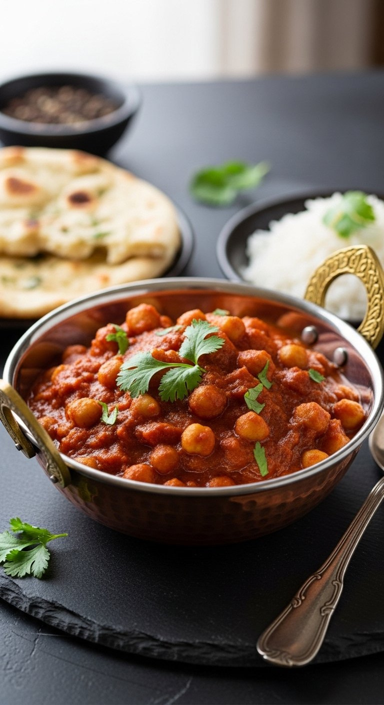 Rustic Bowl Of Indian Chickpea Curry Garnished With Fresh Cilantro Served With Naan And Rice.