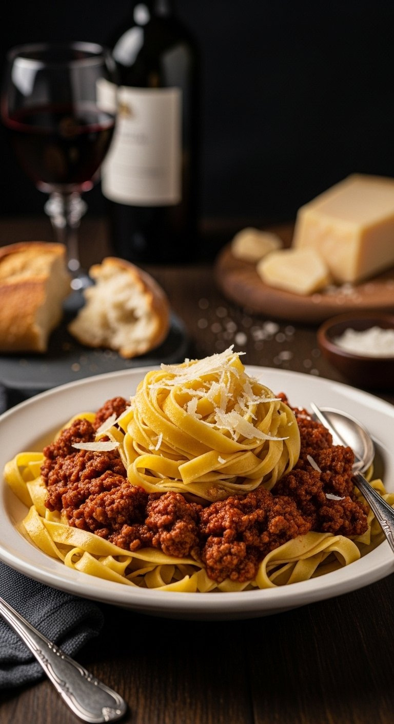 Rustic Bowl Of Ragu Alla Bolognese With Fresh Tagliatelle Pasta Topped With Parmesan Cheese Served With Red Wine.