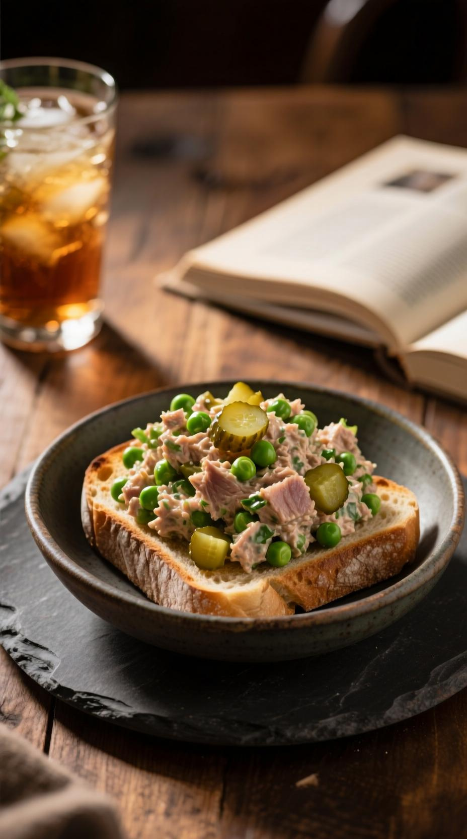 Rustic Bowl Of Chunky Tuna Salad With Peas And Sweet Pickles On Toasted Sourdough Bread, Served On A Dark Slate Plate