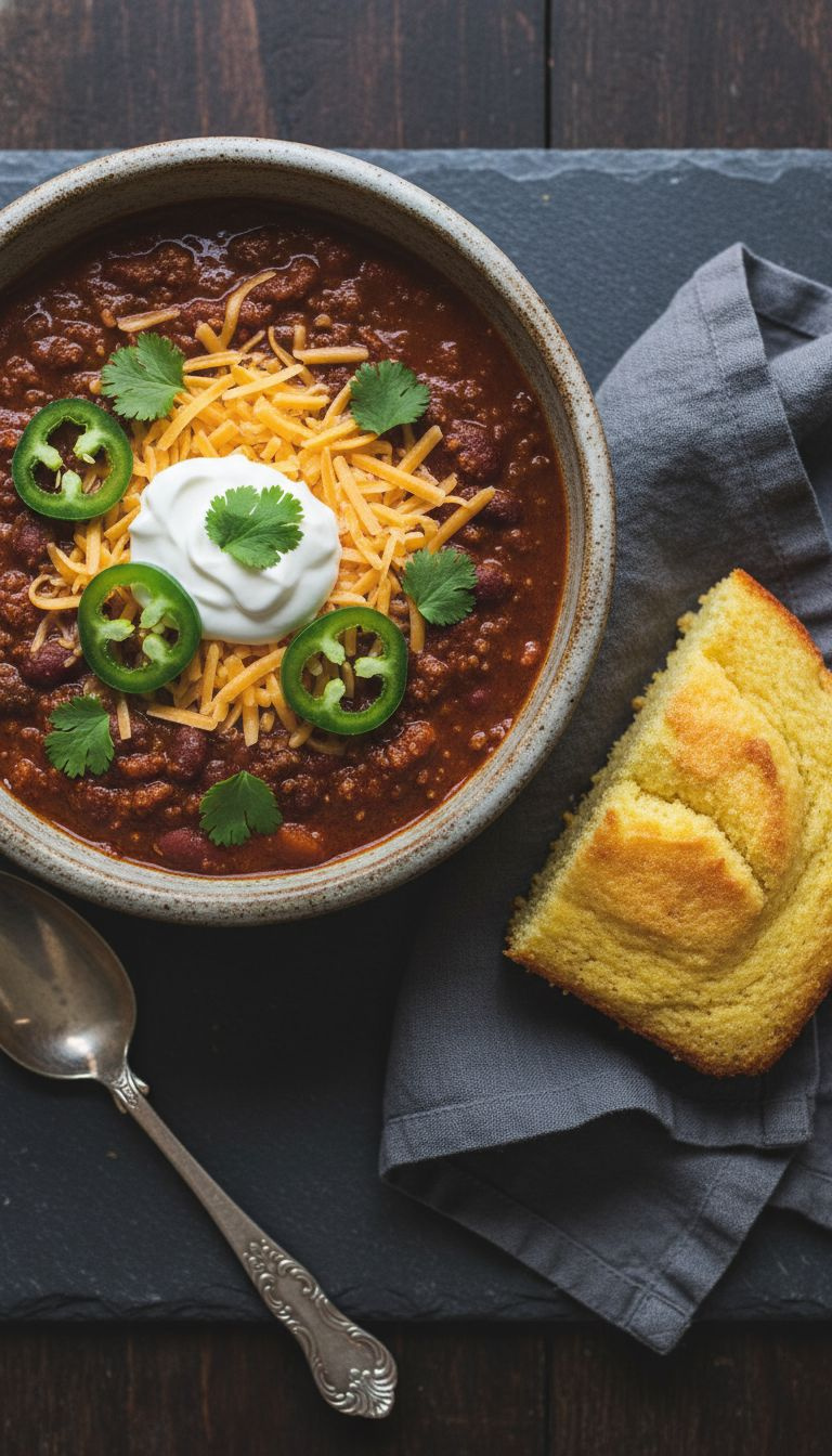Rustic Bowl Of Crockpot Chili Topped With Sour Cream, Cheddar, Jalapeños, Cilantro. Cornbread, Spoon On A Slate Table.