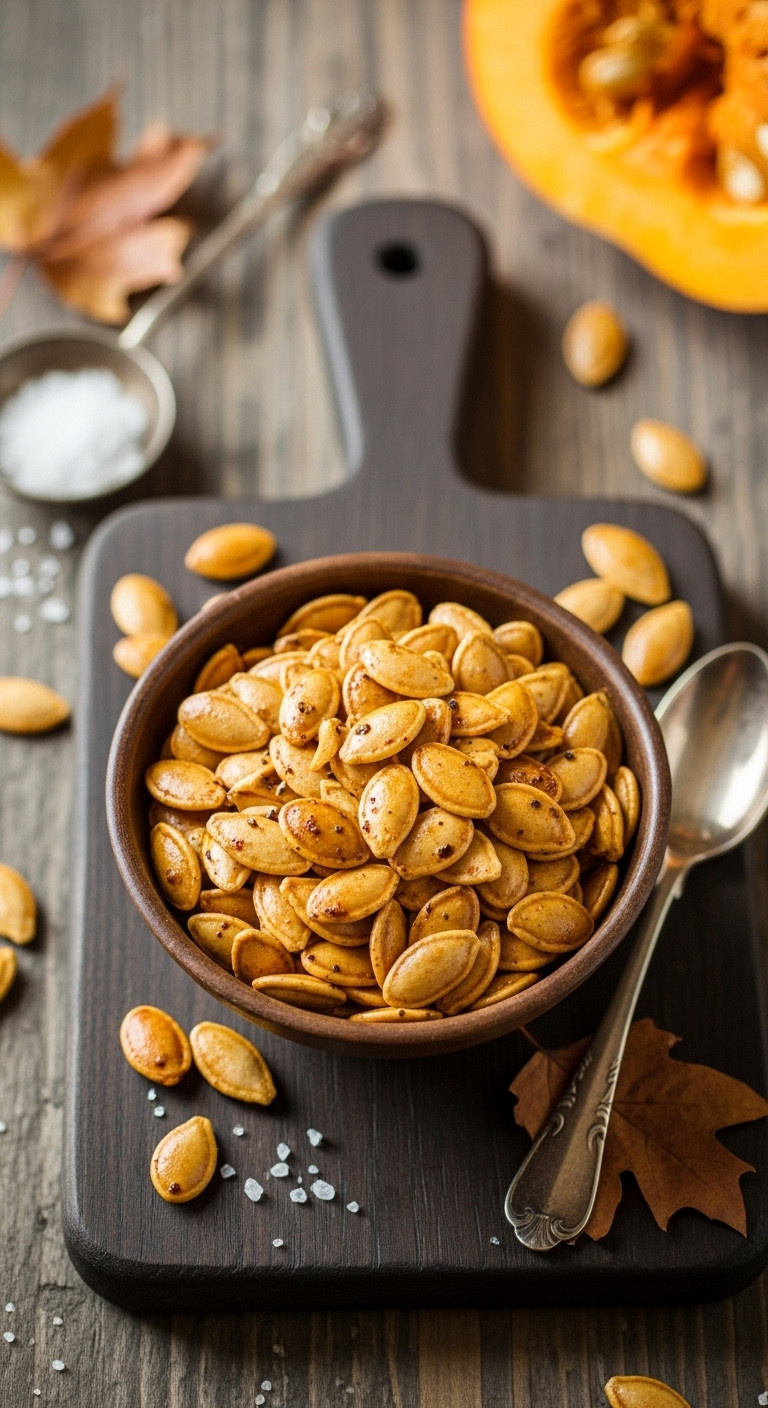 Rustic Bowl Of Golden-Brown Roasted Pumpkin Seeds On Dark Wood. Blurred Carved Pumpkin, Antique Spoon. Crispy Halloween Snack.