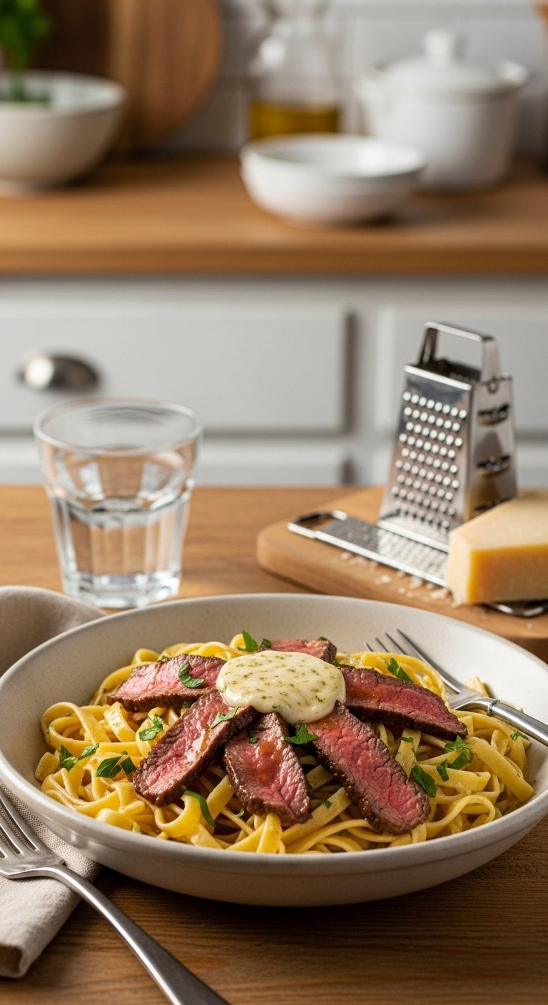Rustic Bowl Of Pasta Tossed With Sliced Steak And Cowboy Butter Sauce Garnished With Parsley.