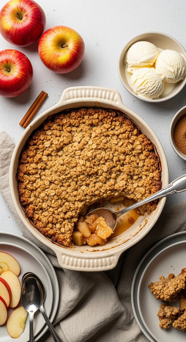 Rustic, Bubbling Apple Crumble In Ceramic Dish With Spoonful Scooped, Oat Topping, Vanilla Ice Cream, And Apples.
