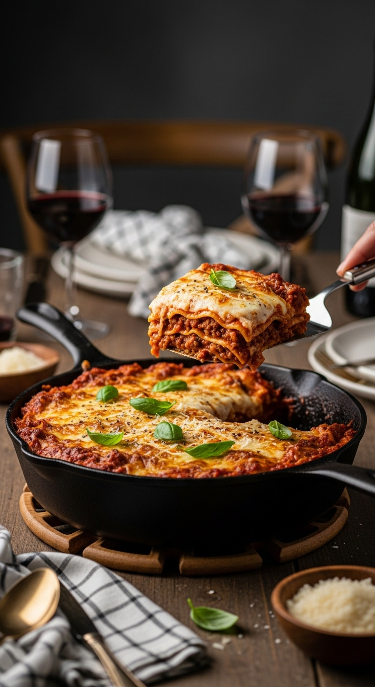 Rustic Cast Iron Skillet Of Hearty Bubbly Lasagna With Browned Cheese And Meat Sauce On A Wooden Trivet