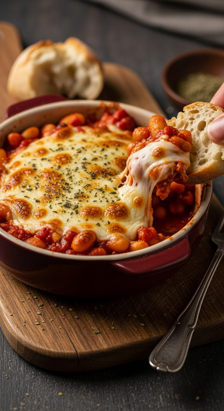 Rustic Ceramic Baking Dish With Bubbling Marinara And White Beans Topped With Melted Mozzarella And Crusty Bread