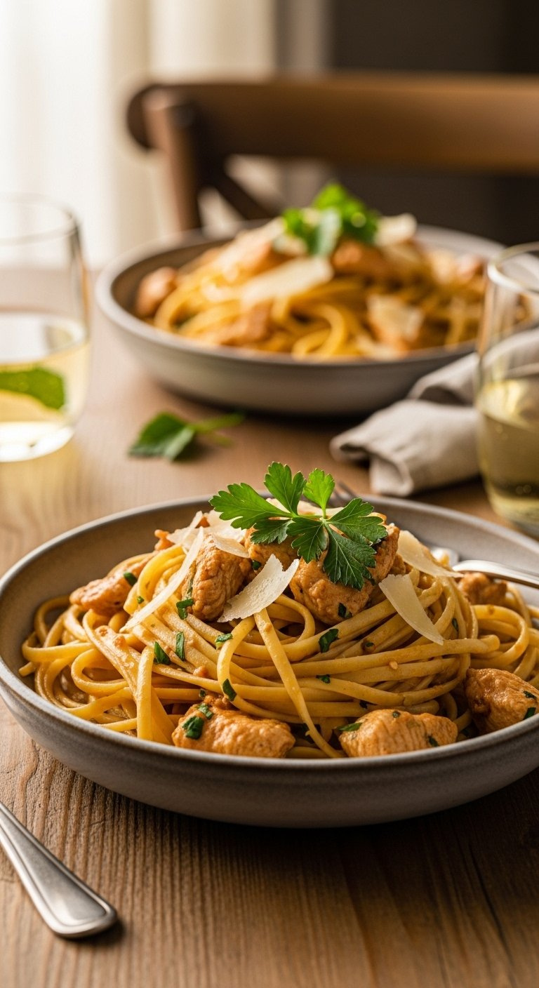 Rustic Ceramic Bowl Filled With Creamy Cowboy Butter Chicken Pasta Garnished With Parsley And Parmesan Cheese.