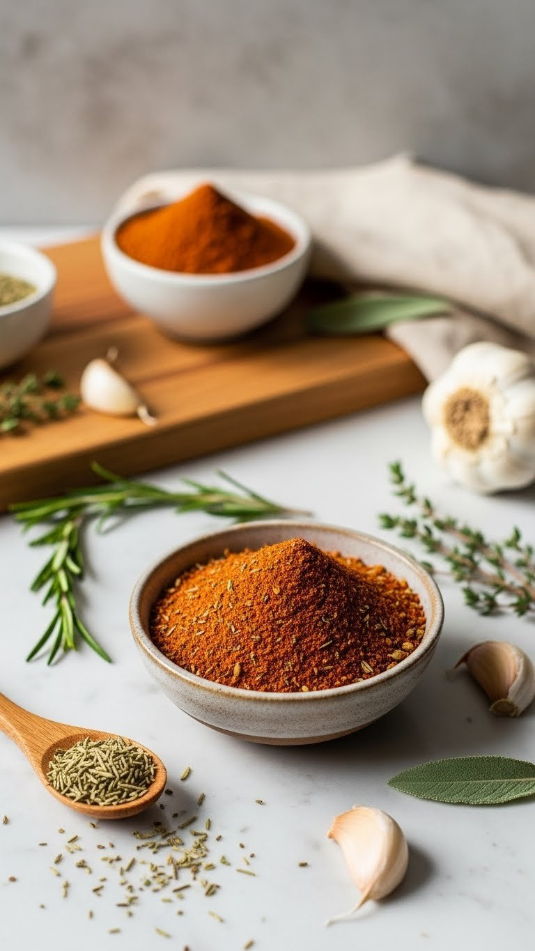 Rustic Ceramic Bowl Filled With Paprika Garlic Herb Spice Blend Surrounded By Fresh Rosemary And Thyme