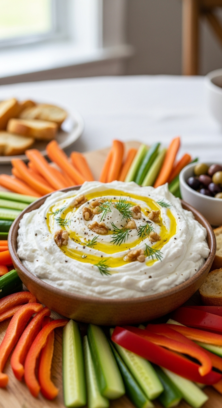 Rustic Ceramic Bowl Of Fluffy Bright White Whipped Feta Dip With Olive Oil Dill And Walnuts Surrounded By Colorful Crudités