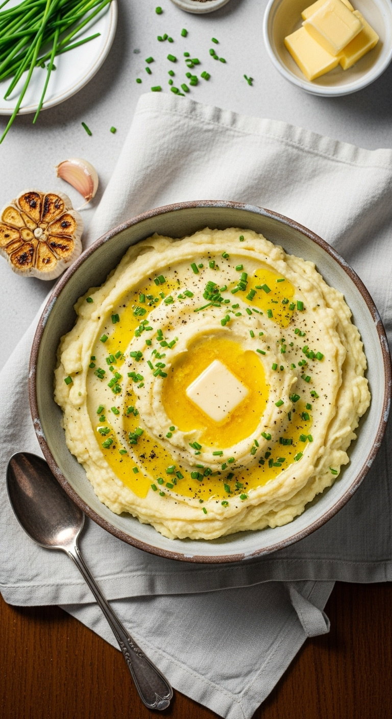 Rustic Ceramic Bowl Of Fluffy Creamy Roasted Garlic Mashed Potatoes With Melted Vegan Butter Chives And Pepper