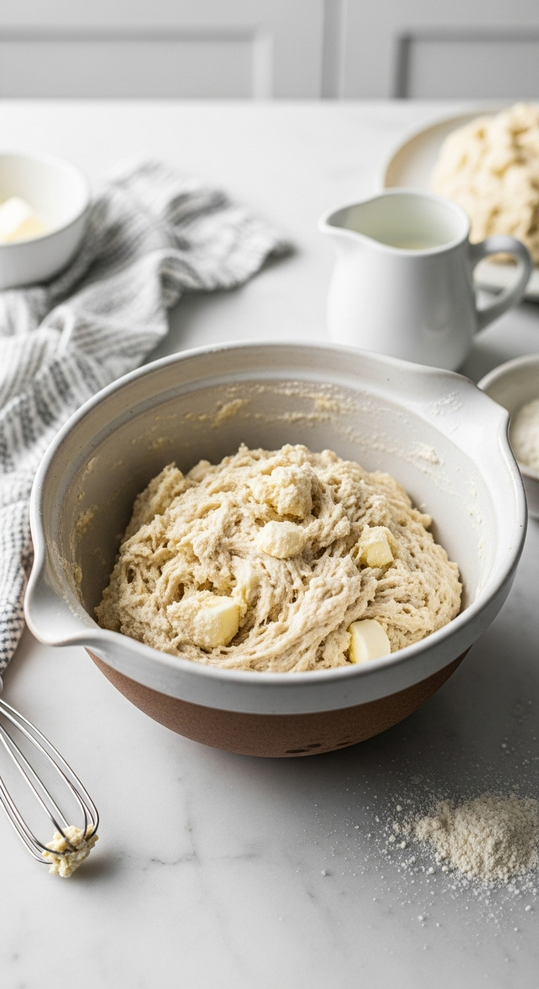 Rustic Ceramic Bowl Of Shaggy Cobbler Biscuit Dough With Visible Butter Pieces On A Marble Countertop