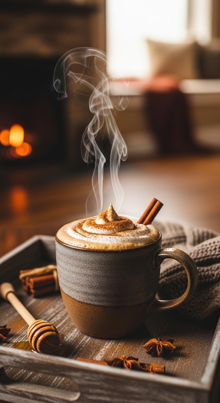 Rustic Ceramic Mug Filled With Spiced Honey Cinnamon Coffee Topped With Whipped Cream And Cinnamon Dusting.