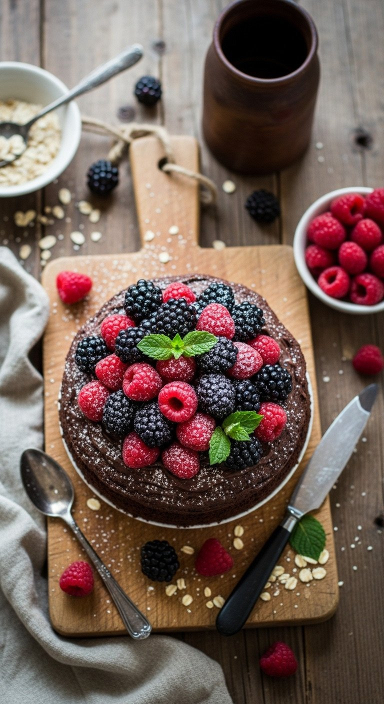 Rustic Chocolate Naked Cake With Fresh Raspberries, Blackberries, And Coarse Sugar On A Wooden Cutting Board.
