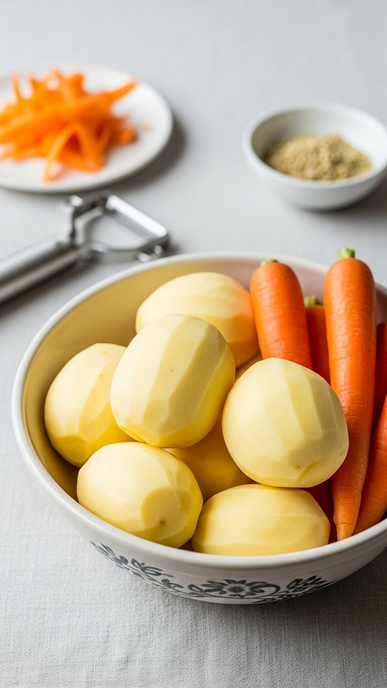 Rustic Chunks Of Peeled Potatoes And Carrots In Vintage Ceramic Bowl With Vegetable Peeler On Linen