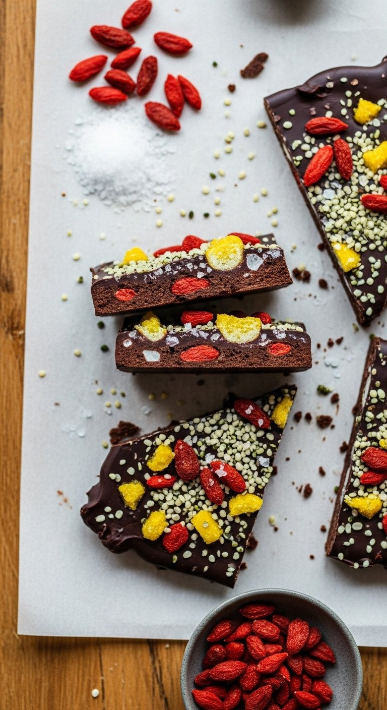 Rustic Dark Chocolate Superfood Bark With Vibrant Goji Berries, Hemp Seeds, And Sea Salt On Parchment Paper.