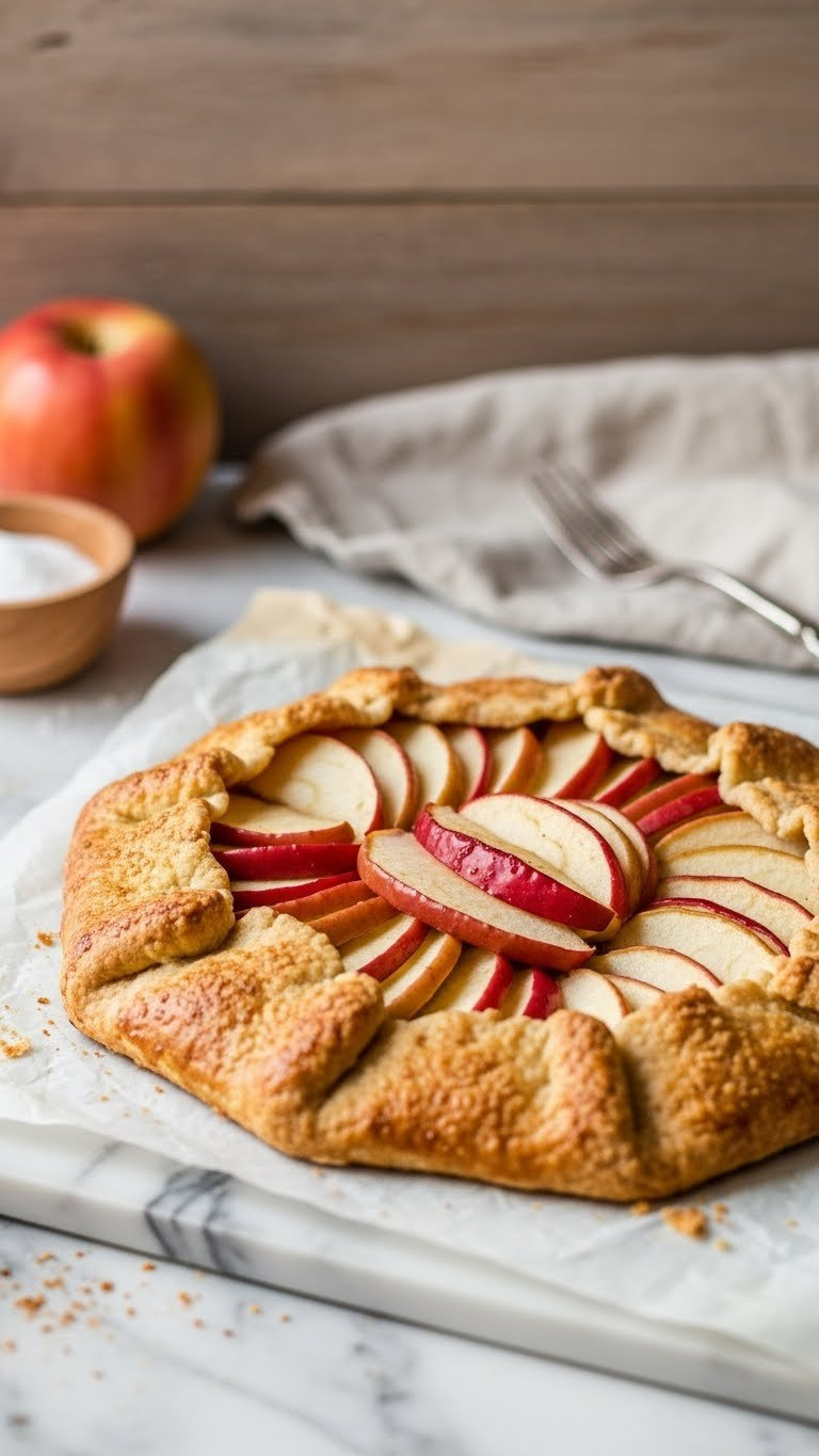 Rustic Deep-Dish Apple Tart (Galette) With Flaky Golden Brown Crust, Sliced Apples, And Baking Imperfections On Marble.