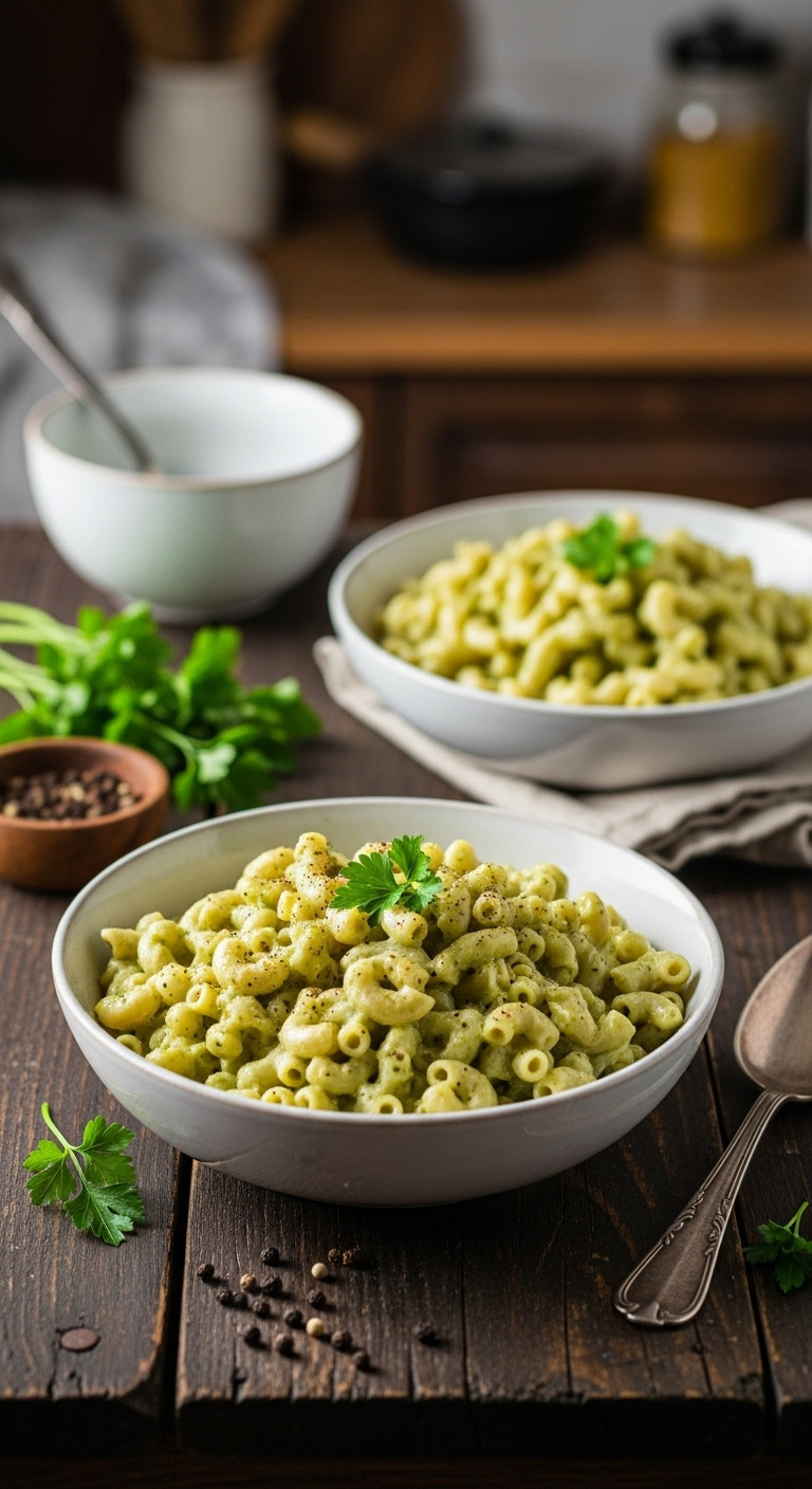 Rustic Earthy Green Mac And Cheese, Subtly 'Swampy' For Halloween, Creamy With Parsley And Peppercorns On A Dark Wooden Table.