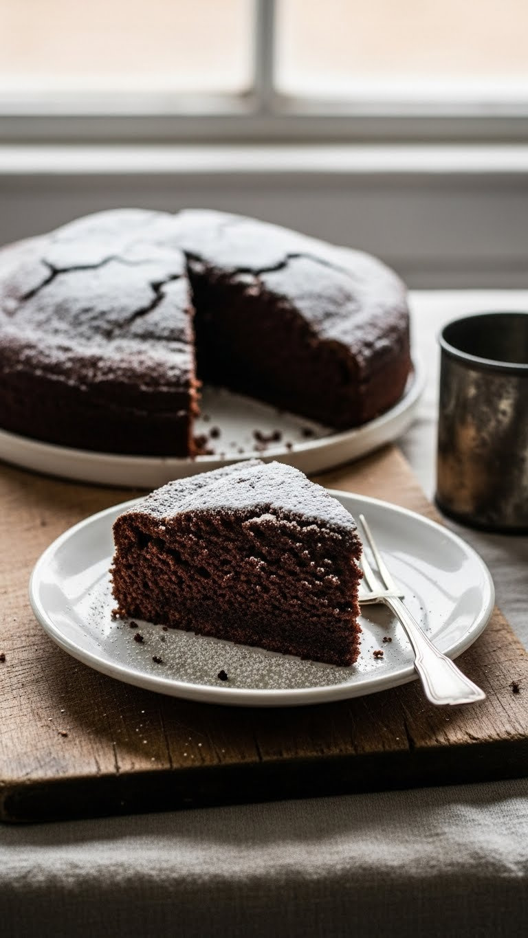 Rustic Eggless Chocolate Depression Cake, Lightly Dusted With Powdered Sugar On A Wooden Board. Cozy, Humble Dessert.