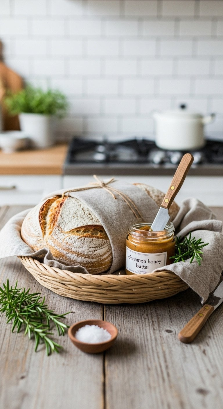 Rustic Farmhouse Gift Basket With Artisan Rosemary Sourdough Bread And Cinnamon Honey Butter On A Weathered Wood Table.