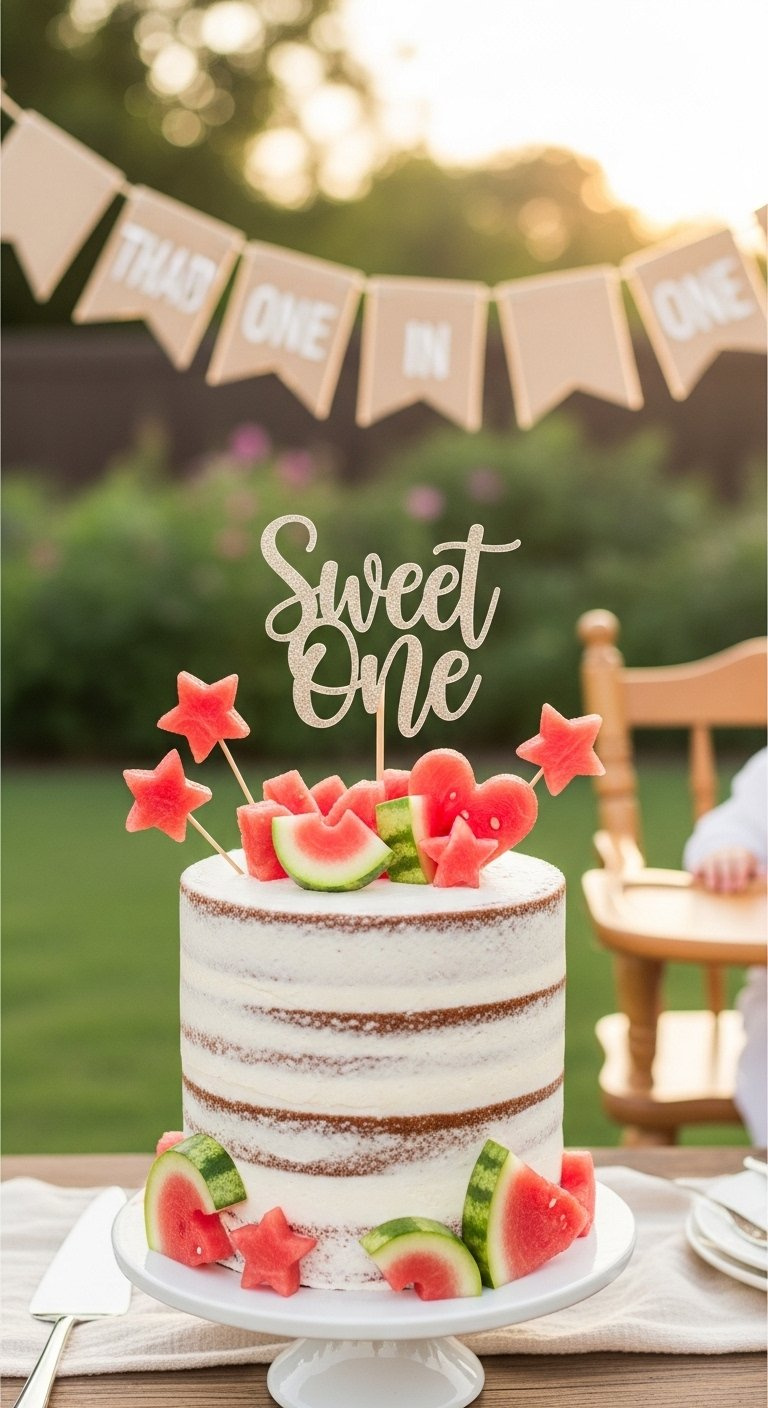 Rustic First Birthday Cake Adorned With Fresh Watermelon Slices And A Glitter Topper.