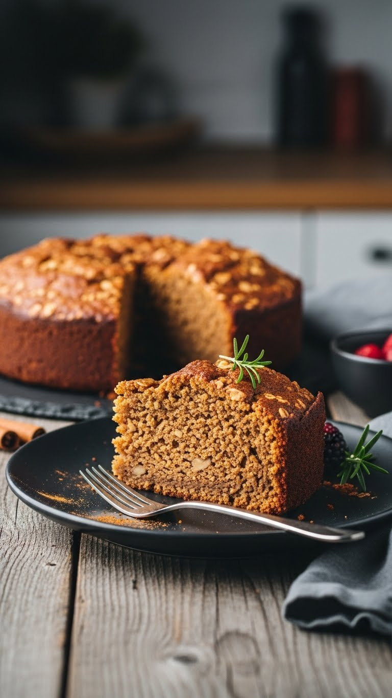 Rustic Flourless Applesauce Cake Slice With Moist Interior On Dark Ceramic Plate