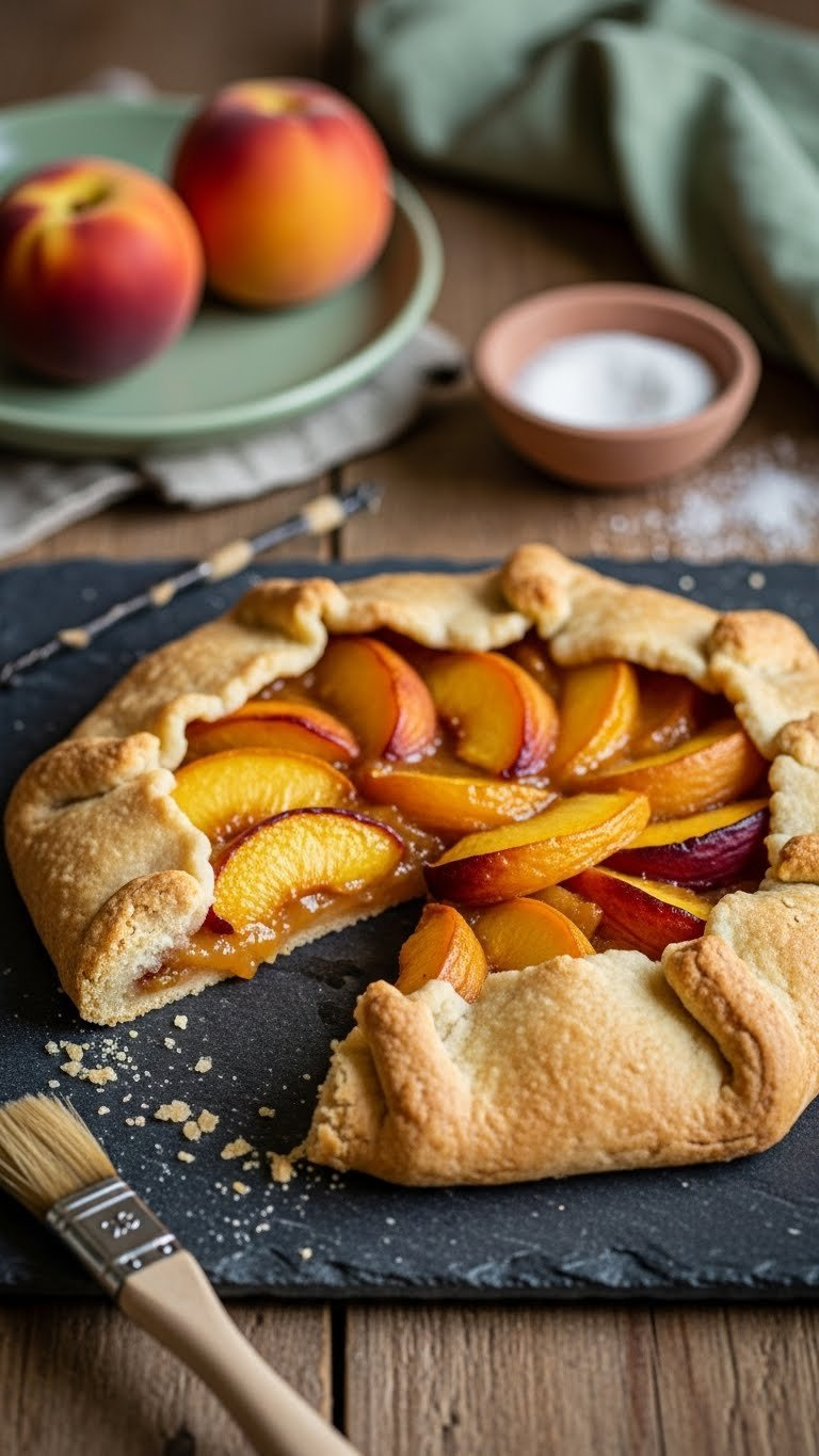 Rustic Free-Form Peach Galette On Stone, With Crimped Buttery Crust And Golden Caramelized Peach Filling. Homemade Dessert, Soft Window Light.