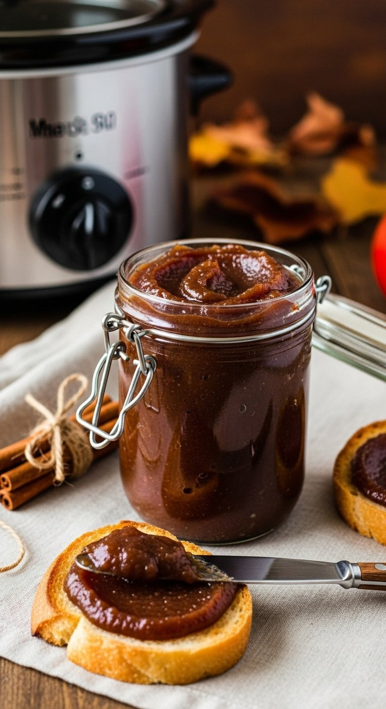 Rustic Glass Jar Of Dark Apple Butter, Thick And Glossy, With A Knife Spreading It On Toasted Bread. Fall Recipe.