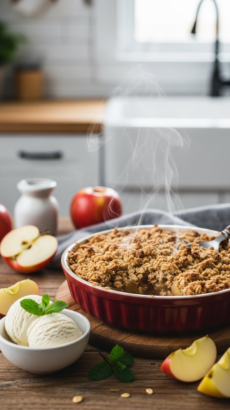 Rustic Gluten-Free Apple Crisp Bubbling In Ceramic Dish With Oat Topping And Steam Rising On Wooden Table.