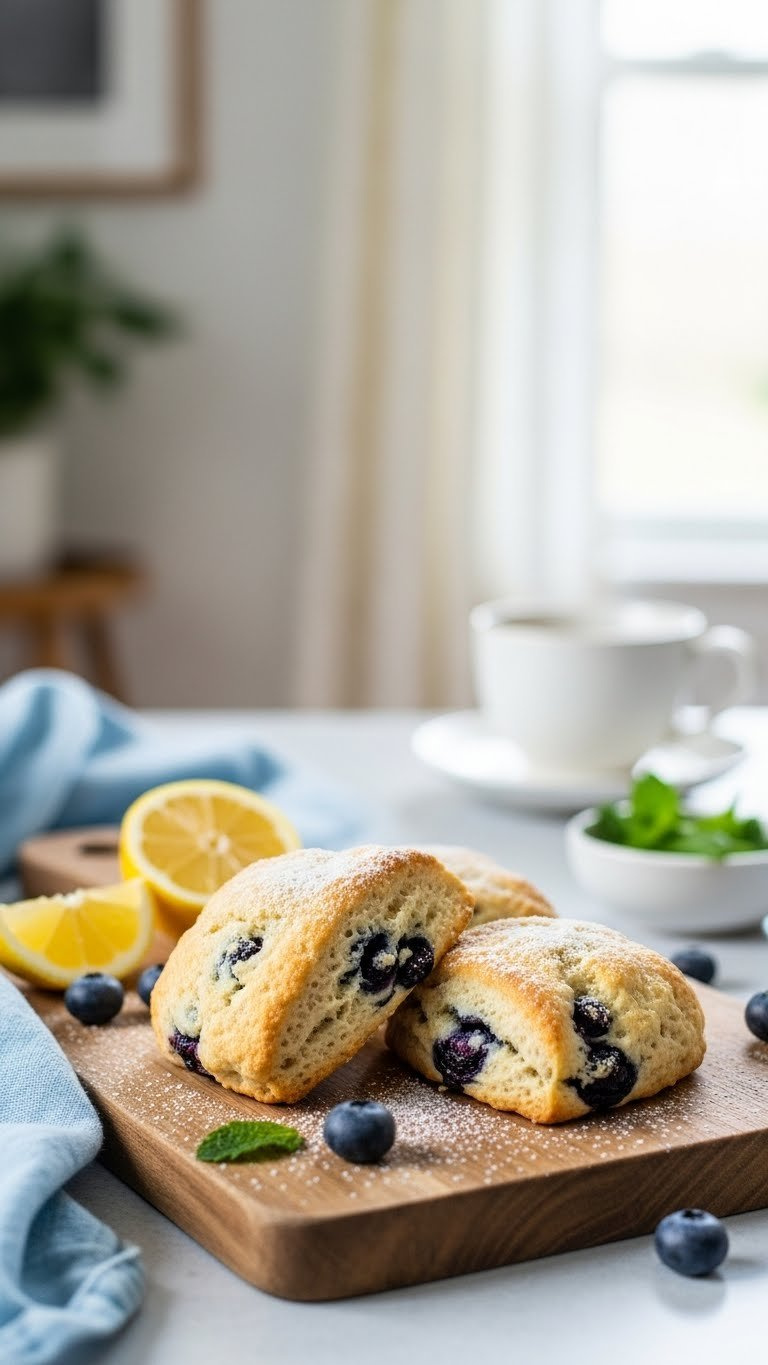 Rustic Gluten-Free Lemon Blueberry Scones Dusted With Powdered Monk Fruit On Wooden Cutting Board With Lemon Slices