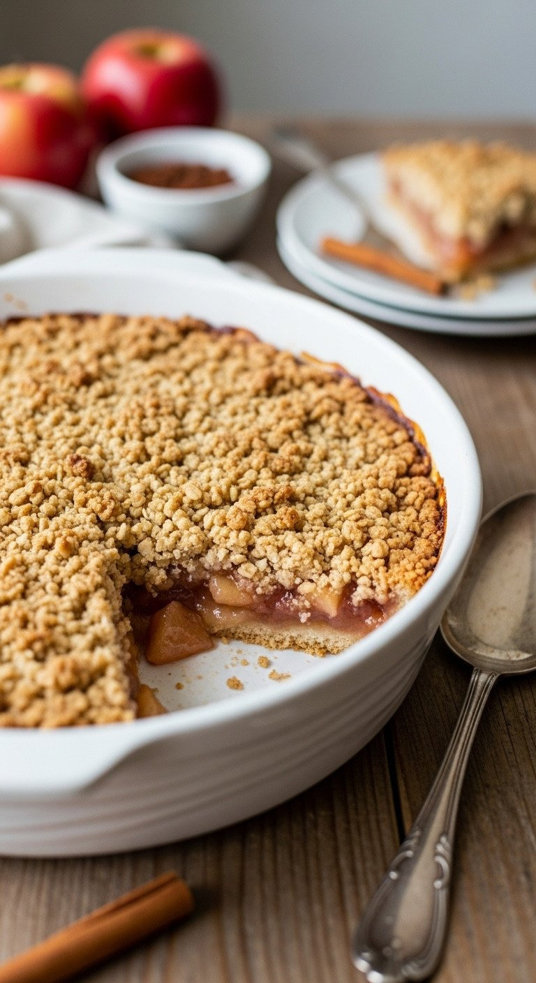 Rustic Golden-Brown Apple Crisp With Bubbly Apple Filling, Crunchy Oat Topping, Cinnamon Stick On Wooden Table.