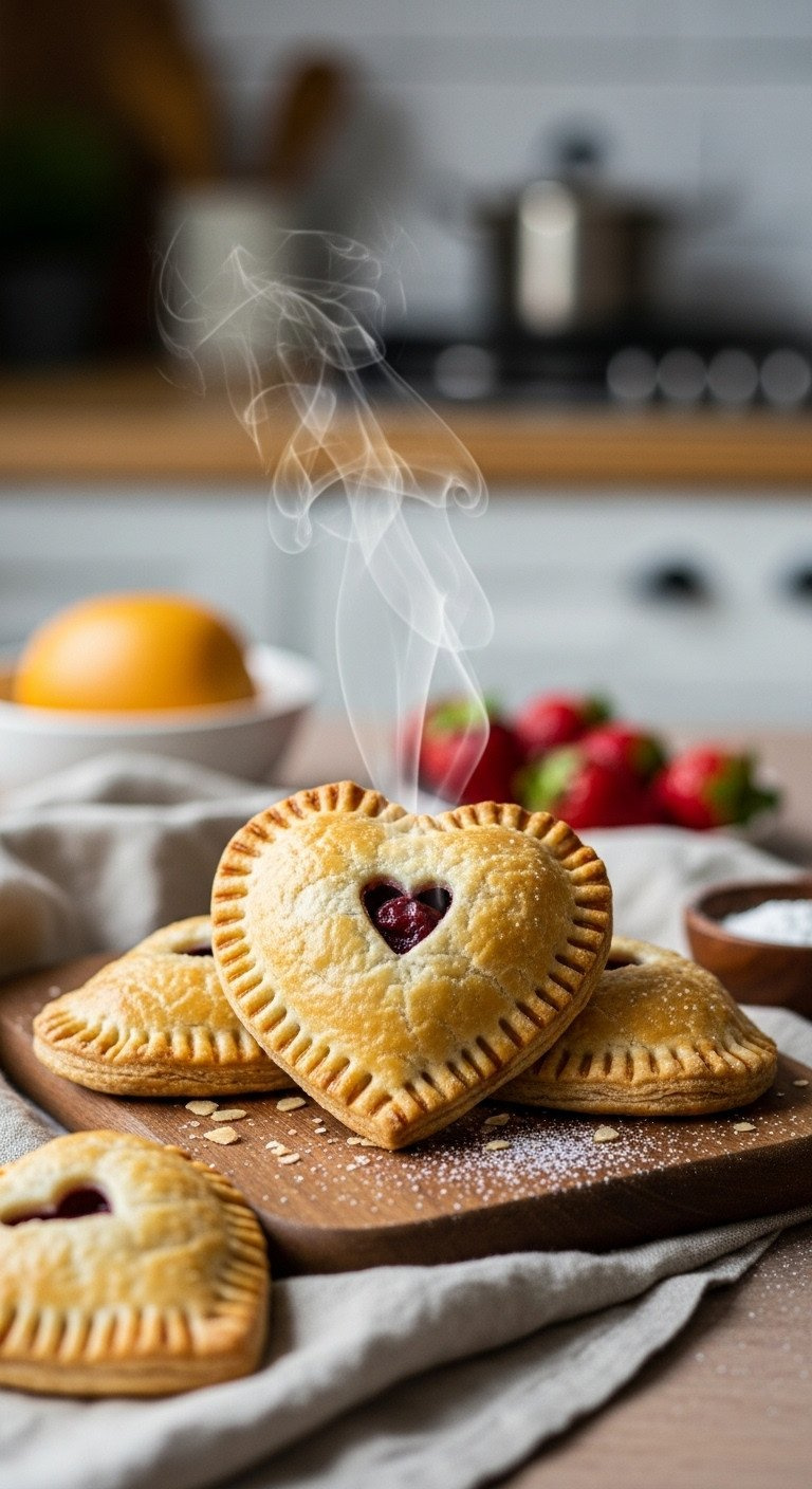 Rustic Golden-Brown Heart-Shaped Hand Pies With Flaky Crust, Steam, And Berry Filling On A Wooden Board. Cozy Natural Light.