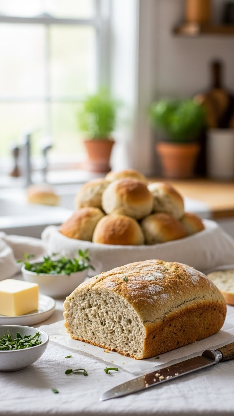 Rustic Golden-Brown Keto Almond Flour Bread Loaf Or Fluffy Dinner Rolls On White Linen Tablecloth