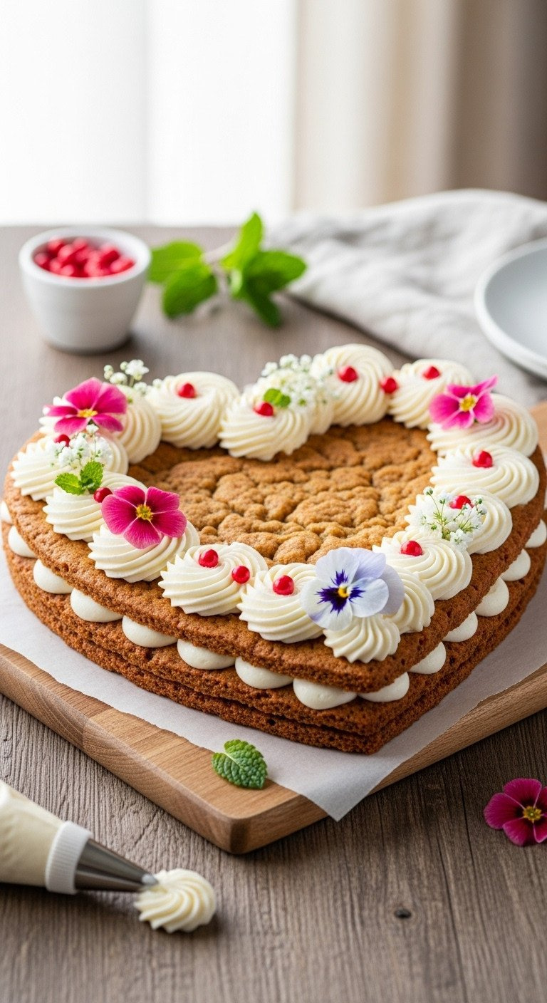 Rustic Heart-Shaped Cookie Cake With White Vanilla Icing, Edible Flowers, Red Candy Pearls On Wooden Board. Chewy Cookie.