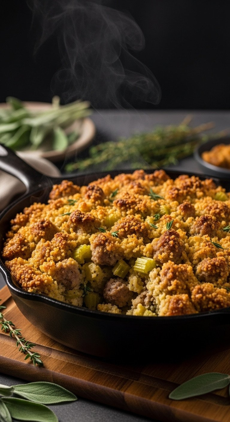 Rustic Herb &Amp; Sausage Stuffing, Golden-Brown In Cast Iron, Steam Rising, With Crispy Top, Visible Sausage, Sage &Amp; Thyme.