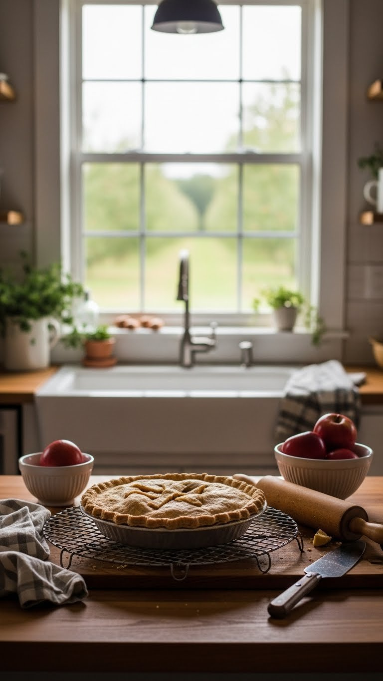 Rustic Homemade Apple Pie Cooling On Wire Rack In Farmhouse Kitchen With Orchard View